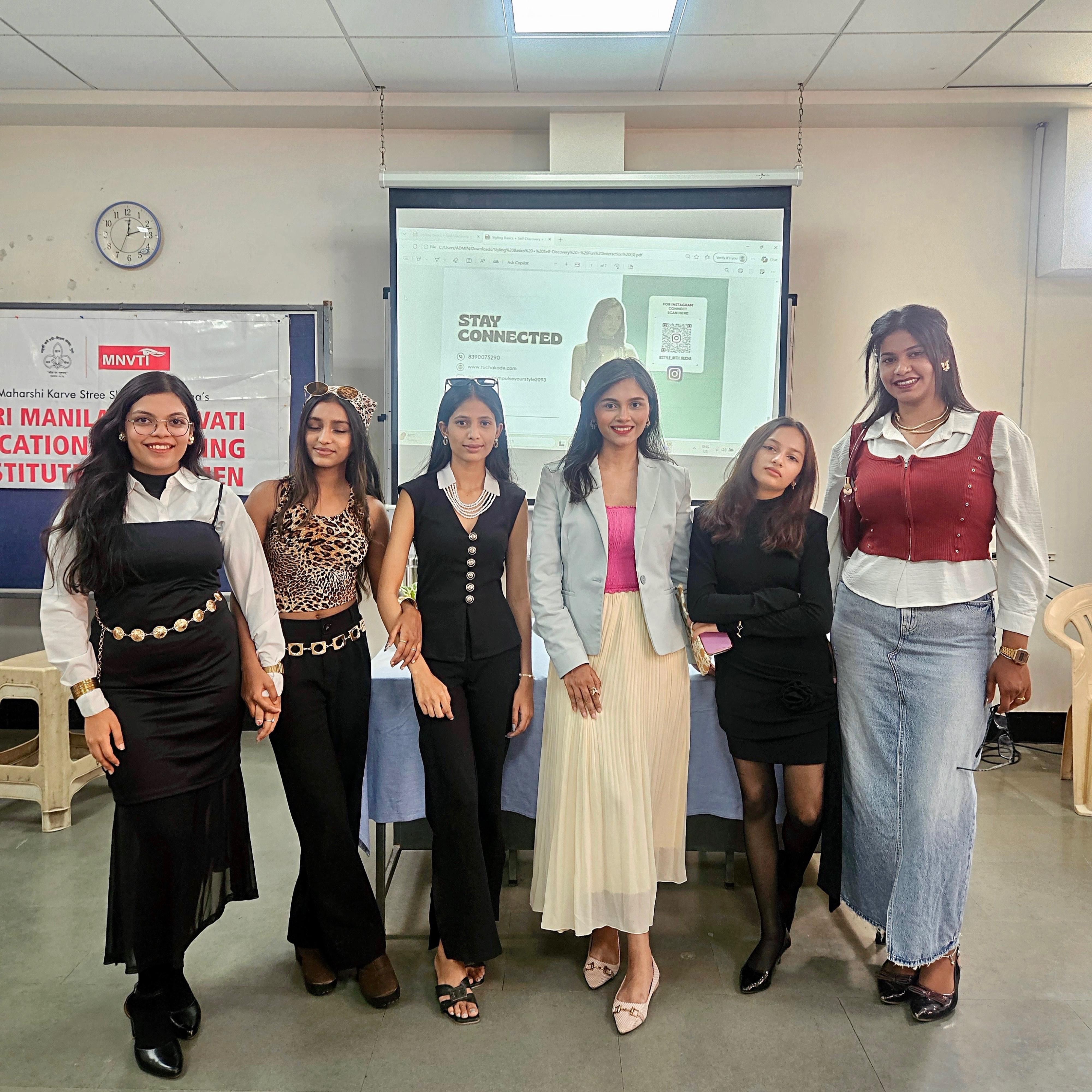 Rucha Kode conducting a Styling Masterclass with students at MNVTI Pune — learn personal styling, fashion, and wardrobe techniques
